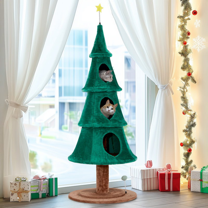 Large Tall Christmas Tree Cat Tower With 3 Cat Houses